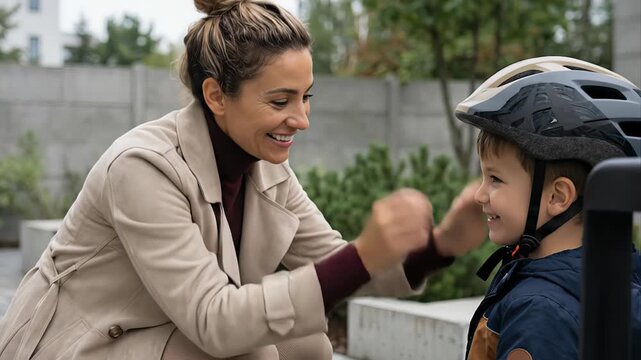 Loving mother carefully fastens her young son's bicycle helmet, ensuring he is safe and ready for a ride. Adorable family moment promoting outdoor activity and parental care in an urban park