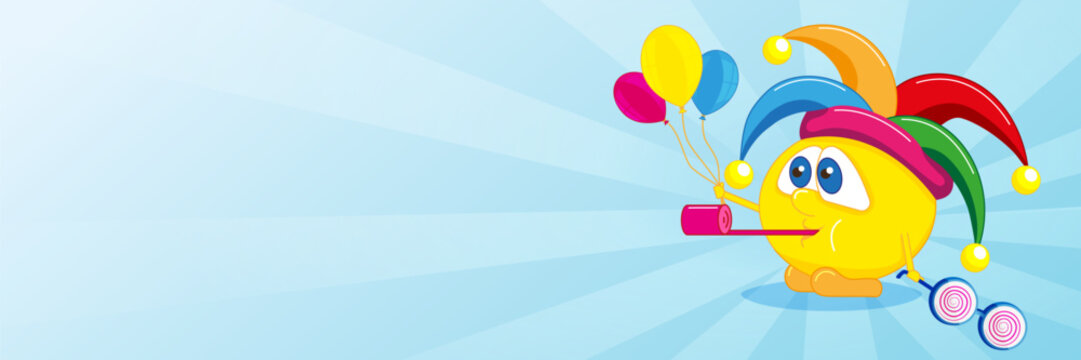 Festive banner with cute cartoon jester and copy space