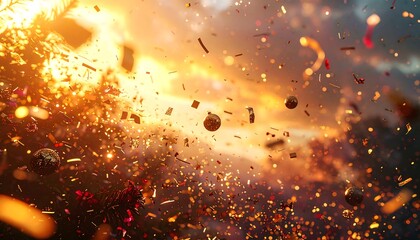 A dynamic burst of particles floats against a bright, warm sunset. Various shapes and colors are suspended in a sunlit sky