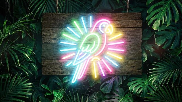 Neon parrot sign wooden board surrounded by tropical leaf monstera palm foliage, colorful glowing tubing and glow creating vibrant nighttime jungle atmosphere with festive playful mood and warm neon