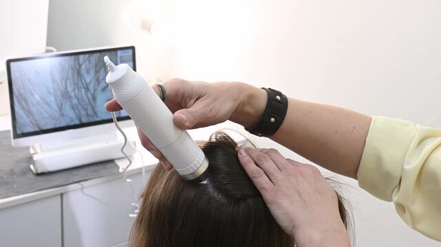  closeup scalp examination using trichoscope reveals alopecia, dandruff and seborrhea. Specialist analyzes hair structure on monitor. Professional approach to hair diagnostics. Hair loss oily scalp