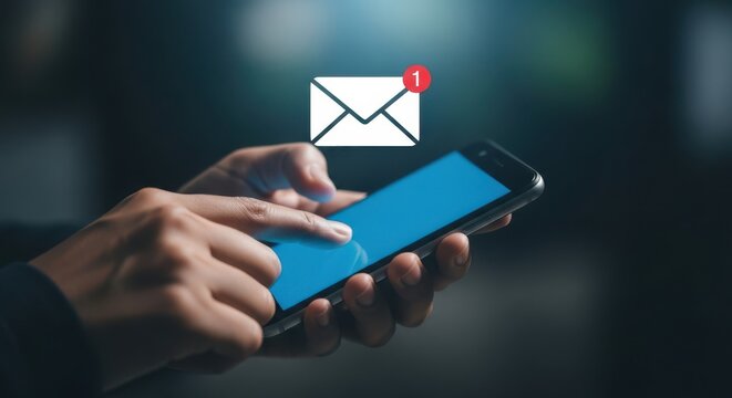 A person holding a smartphone with an email notification icon above the screen