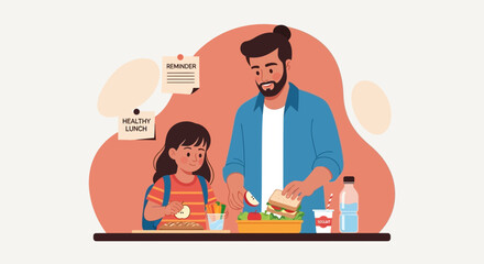 Fototapeta premium Father and daughter preparing a meal together in a kitchen, standing at a counter, illustration, domestic scene, warm atmosphere