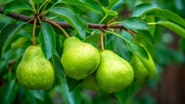 Green pears hanging from a tree branch with leaves in the garden outdoors