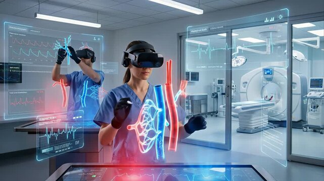 Two futuristic medical professionals wearing vr headsets interacting with a holographic interface, studying a 3d model of arteries and veins to prepare for a complex vascular surgery procedure