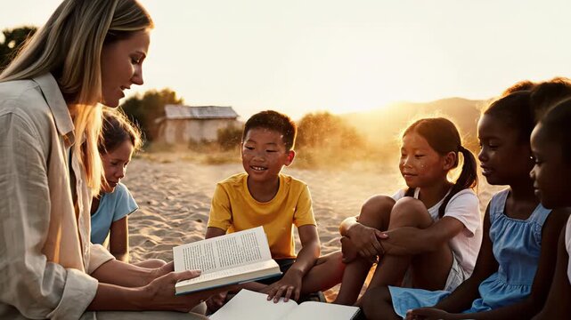 Caucasian female teacher reading a story from a book to a diverse group of elementary school children sitting on the sand outdoors during a beautiful, warm sunset, fostering education and community