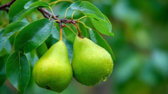 Two green pears hanging from a tree branch with leaves and water droplets on a blurred background