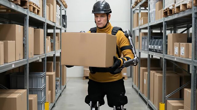 Male warehouse employee using a powered exoskeleton to lift a heavy cardboard box from a metal shelf. Advanced wearable robotics assisting human labor in a modern industrial logistics storage