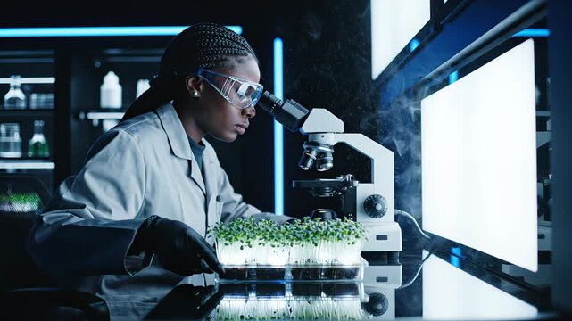 Focused female microbiologist in protective goggles and lab coat using a microscope to study microgreens in a futuristic, sterile laboratory environment with cryogenic smoke