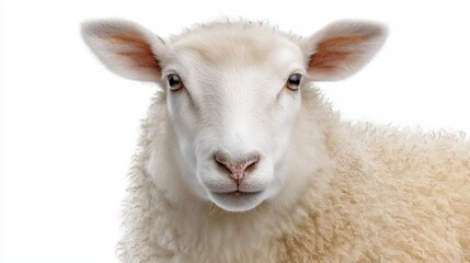 Fototapeta premium Close-up of a cute fluffy sheep with curly wool on white background