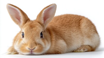 Adorable brown rabbit relaxing on a white background
