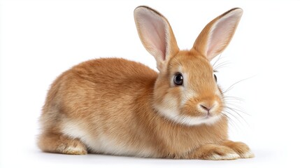 Fototapeta premium Adorable brown rabbit with white paws and floppy ears on white background