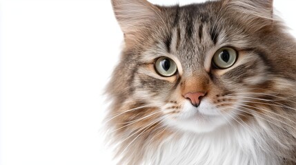 Obraz premium Close-up of fluffy tabby cat with green eyes and white background