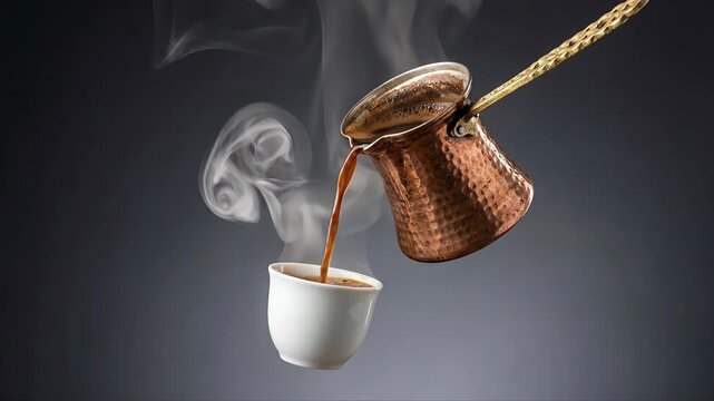 Steaming hot turkish coffee pouring from a traditional copper cezve into a small white porcelain cup, creating a dynamic splash against a dark, dramatic background with wisps of vapor