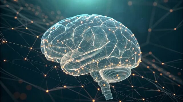 Transparent Brain Network Connections Rotating with Neural Pathways and Particles Stock Media