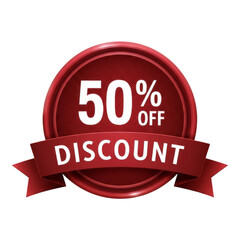 A red discount badge with 50 percent off on transparent background