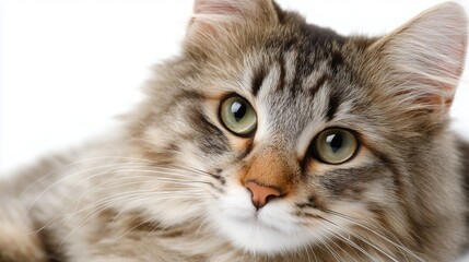 Close-up of fluffy tabby cat with green eyes on white background