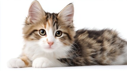 Obraz premium Fluffy calico kitten lying down on white background
