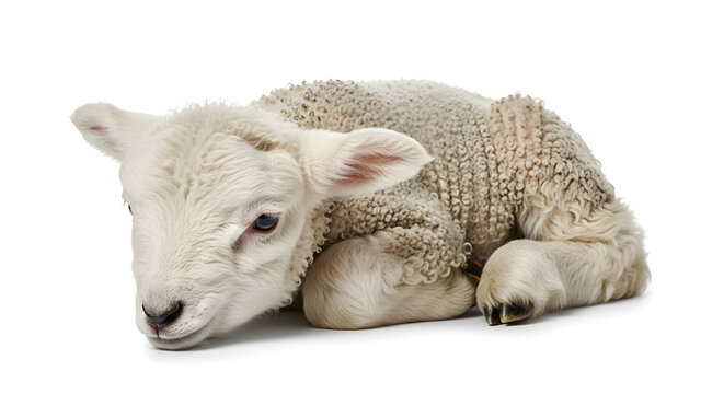 Innocent young lamb with fluffy white wool lying down peacefully against a pristine isolated studio background, symbolizing new beginnings
