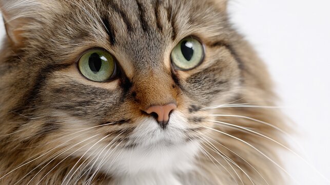 Close-up of fluffy tabby cat with green eyes and long whiskers