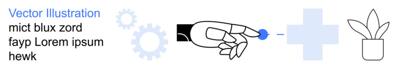 Technology, healthcare, innovation, robotics, sustainability, wellness. Robotic hand reaching towards a leaf beside a medical cross and a plant. Technology and healthcare innovation concept