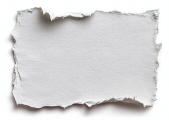 Isolated close-up of a roughly torn, textured white paper piece against a white background