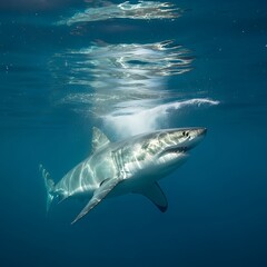 Fototapeta premium Great White Shark Ascending in Clear Blue Ocean Waters.
