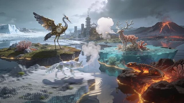 Floating horizon of landscape shards, each a unique biome with a single surreal creature &mdash; glass fox, clockwork heron, coral stag &mdash; all hovering above a reflective void with hyper‑detailed textures.