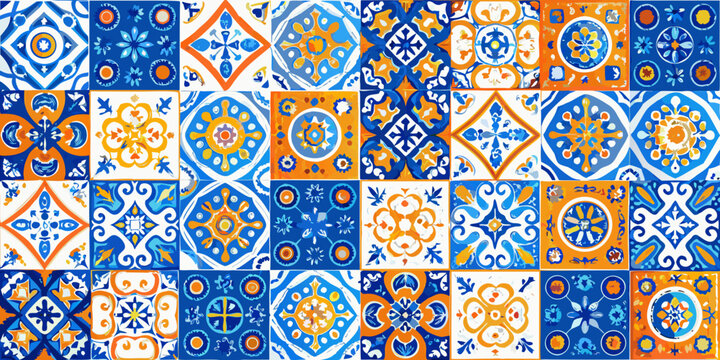 Intricate blue and orange portuguese azulejo tile pattern background