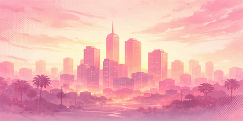Fototapeta premium New York City skyline at sunset with urban skyscraper silhouettes and downtown architecture in a panoramic vector landscape illustration of the USA view
