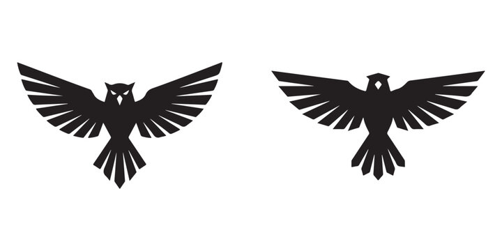 Minimalist black bird of prey silhouette vector logo set featuring a geometric owl and hawk with spread wings for corporate identity