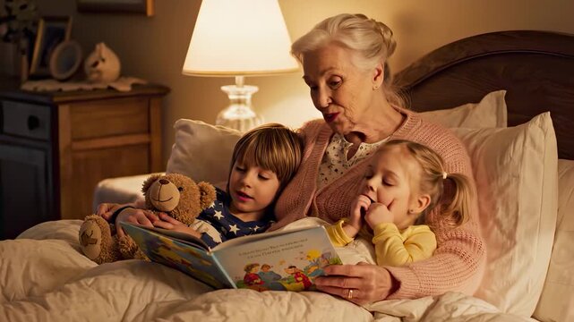 Affectionate grandmother reading a bedtime story to her grandchildren, a little boy and girl, together in a cozy bed at night, fostering imagination and familial bonds