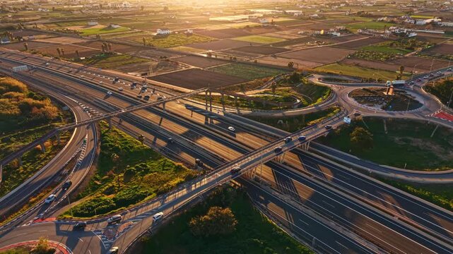 Multiple roads intersecting with cars traveling on them show an aerial view of farmland under a soft evening light. The green and brown patches of land are marked by agriculture.