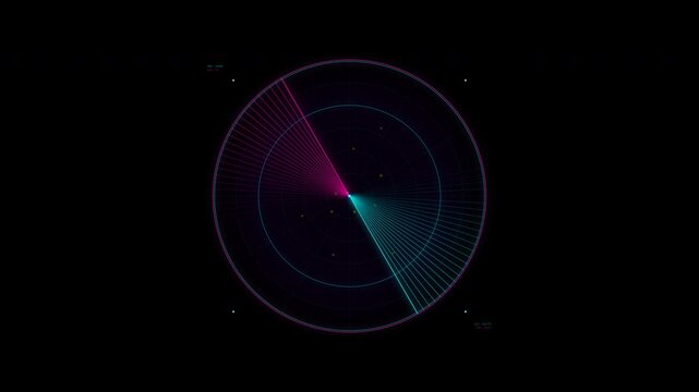 A digital radar chart displays data with vibrant pink and blue segments on a dark background