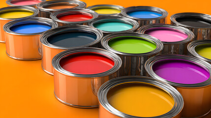 Fototapeta premium Open paint cans with vibrant colors on orange background