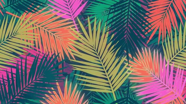 Tropical palm leaf pattern vibrant neon color foliage with layered palm frond textures, seamless tropical foliage pattern neon green coral magenta creating energetic summer mood and decorative