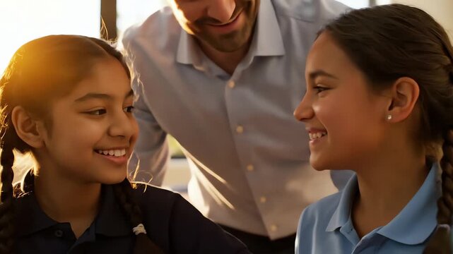 Male teacher guiding diverse students with schoolwork and encouraging peer collaboration in a bright classroom for inclusive education concept and academic success