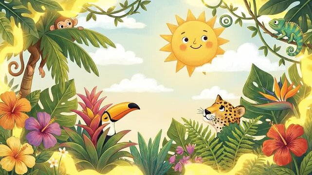 Cheerful sun smiles above sunny tropical jungle scene with smiling sun over colorful tropical jungle, toucan, monkey, chameleon, and young leopard peeking through lush foliage with hibiscus