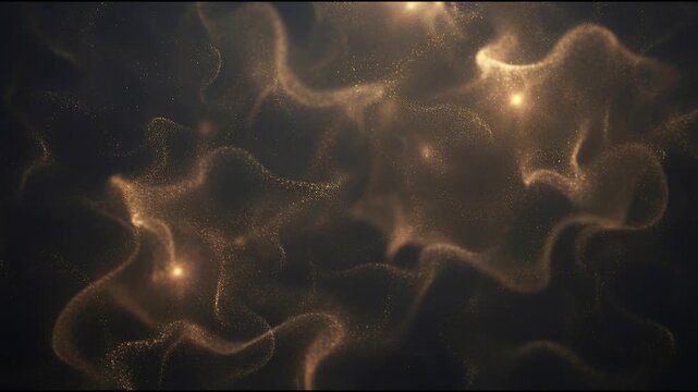 Golden dust clouds forming soft organic cellular patterns drifting calmly in a deep dark space with smooth motion warm cinematic light and atmospheric depth