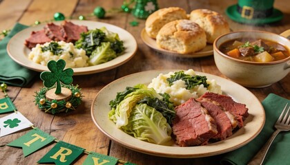 St. Patrick's Day Feast: A vibrant depiction of a traditional Irish feast, filled with hearty dishes such as corned beef, cabbage, and fluffy scones, ready to celebrate a time-honored holiday.