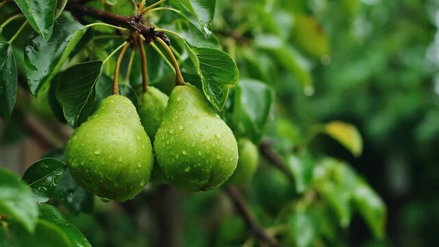 Green pears hanging from a tree branch with leaves and water droplets on a rainy day outdoors