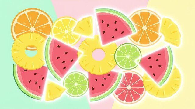Tropical fruit collage with pineapple ring, watermelon slice, lime wedge, orange segment and grapefruit slice glowing pastel background evoking summer freshness, vibrant fun and bright playful summer