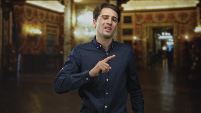 Man points thumb to chest while making index finger gesture in ornate building lobby, wearing dark shirt and earring; skepticism defiance.