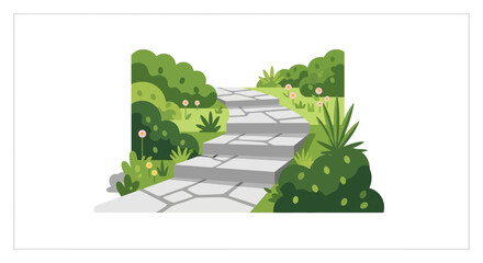 A stone pathway leads through a lush stylized garden landscape © FAM