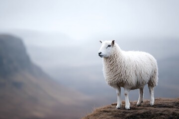 A fluffy highland sheep with thick wool, standing on a rugged cliff overlooking a vast, misty landscape