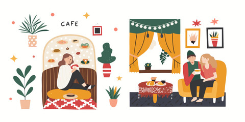 Fototapeta premium Cozy cafe interior with people relaxing and enjoying beverages