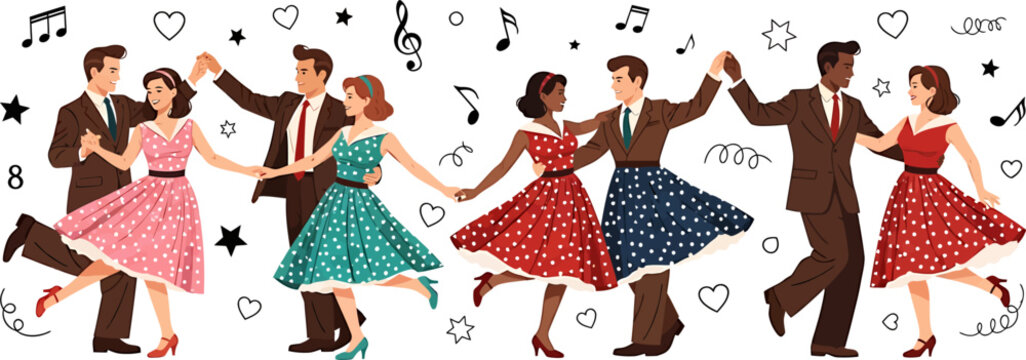 Happy couples dancing retro swing dance with musical notes, hearts, and stars