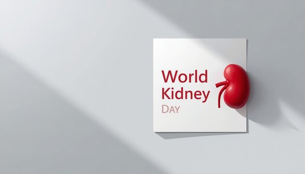 World kidney day awareness design with 3D red kidney model and bold typography on white card promoting health education and prevention