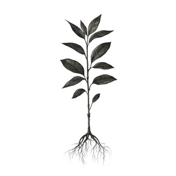 Vintage engraved plant with exposed roots, botanical illustration, monochrome line art, isolated on black background