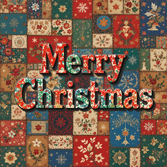 Obraz premium Merry Christmas text in colorful patchwork fabric style, festive background, cozy texture, holiday cheer.
